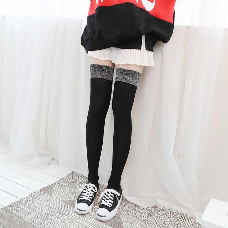 Sequin stitching silver wire Sequin Thigh High Socks