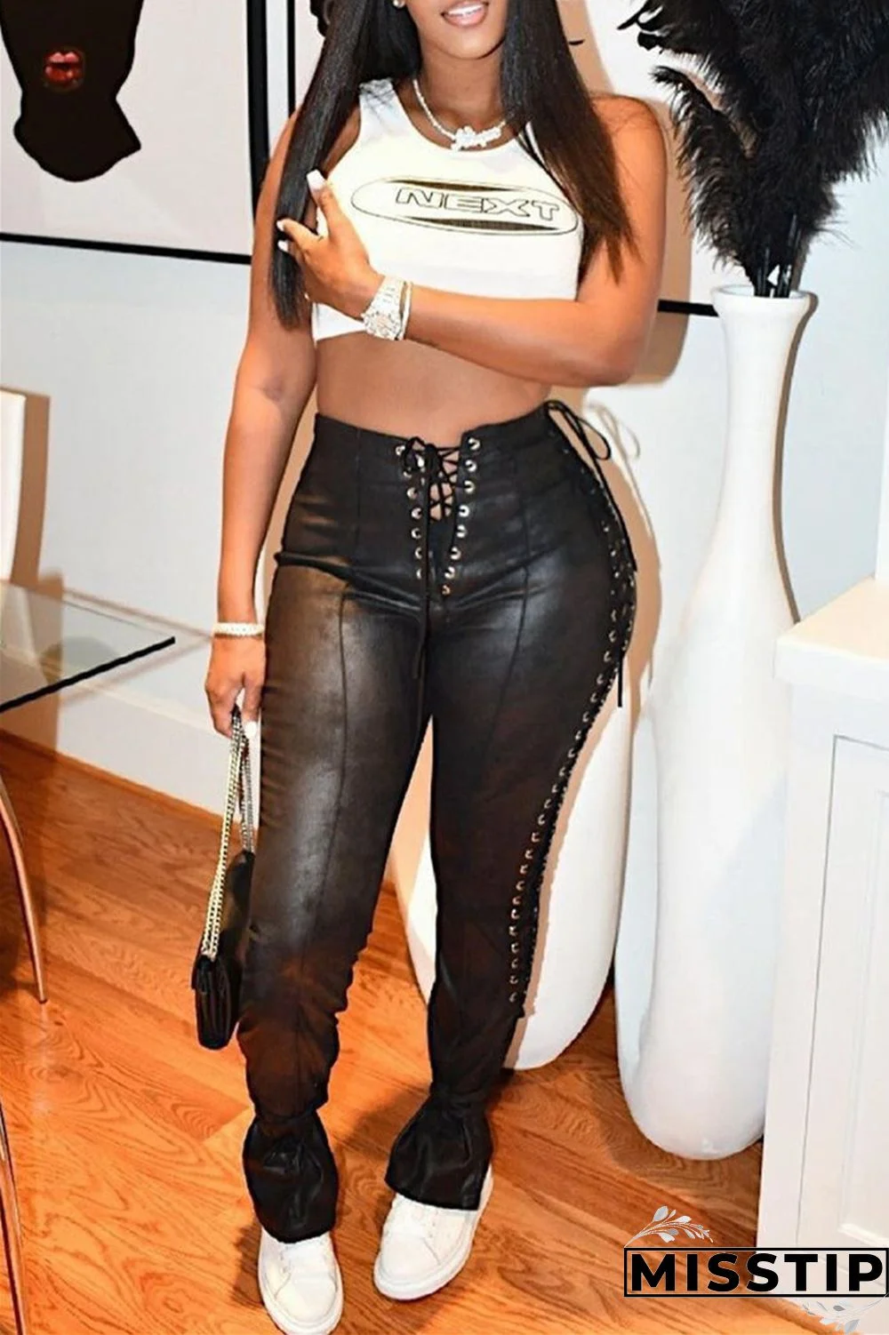 Black Fashion Casual Solid Bandage Skinny High Waist Pencil Trousers