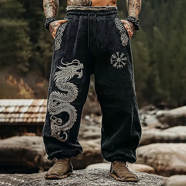 Men's Retro Viking Dragon Print Casual Pants