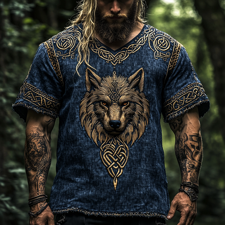 VChics Men's Vintage Viking Wolf Print V-neck Linen Blend T-shirt