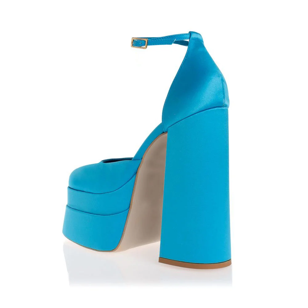 Blue Satin Chunky Heel Ankle Strap Square Toe Platform Pumps