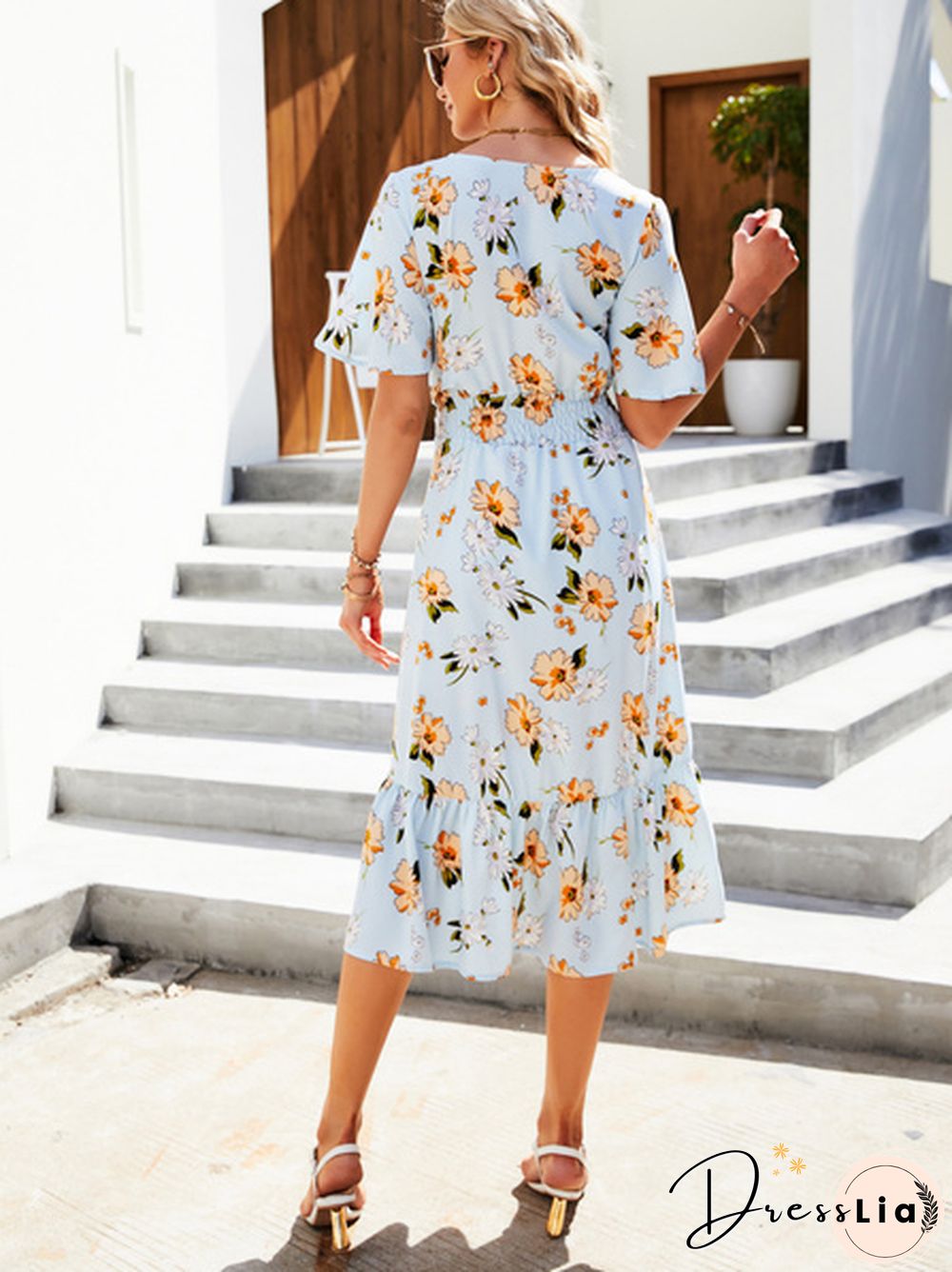 Disty Floral Smocked Elastic Waist Ruffle Hem Dress