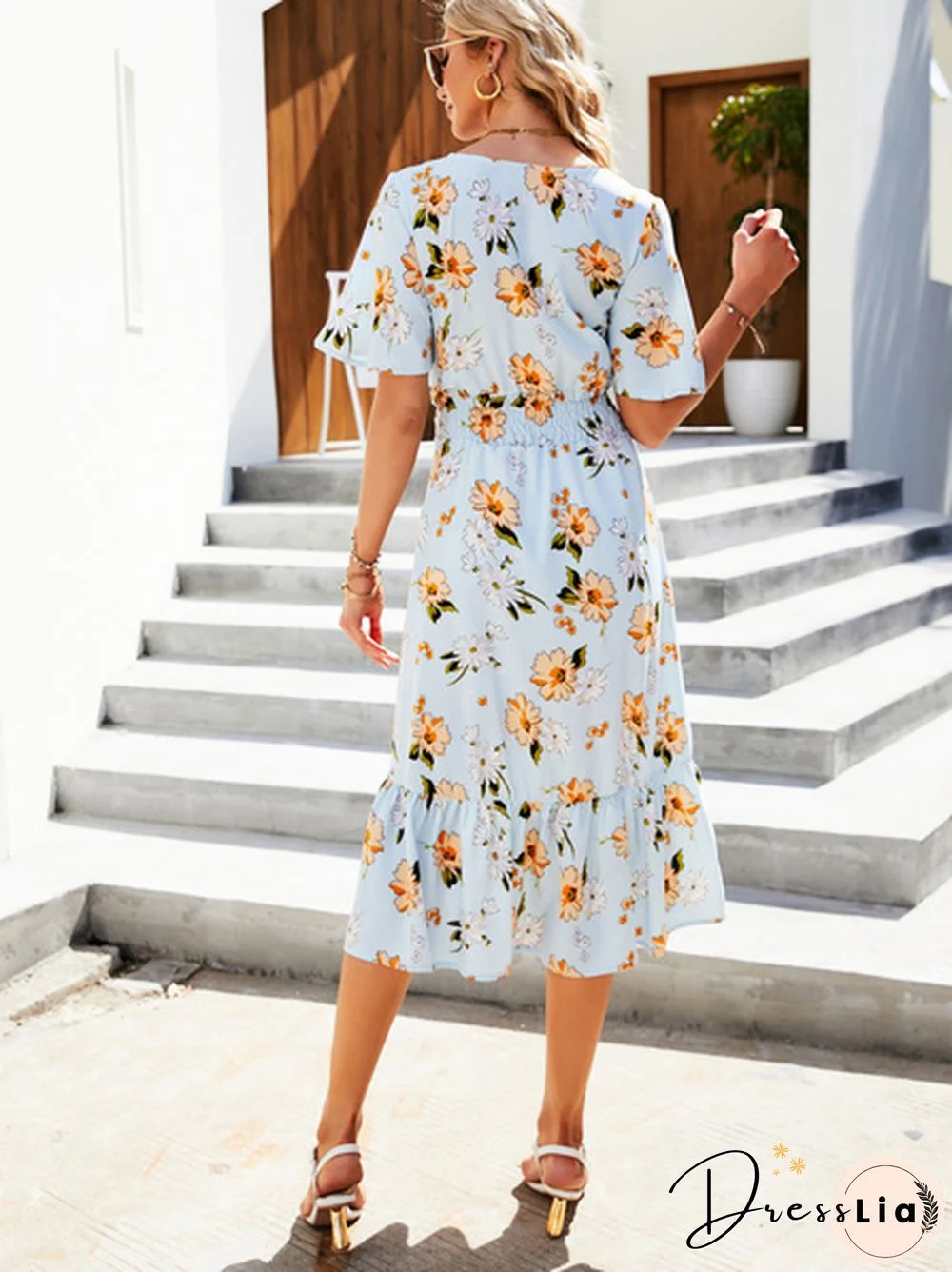 Disty Floral Smocked Elastic Waist Ruffle Hem Dress