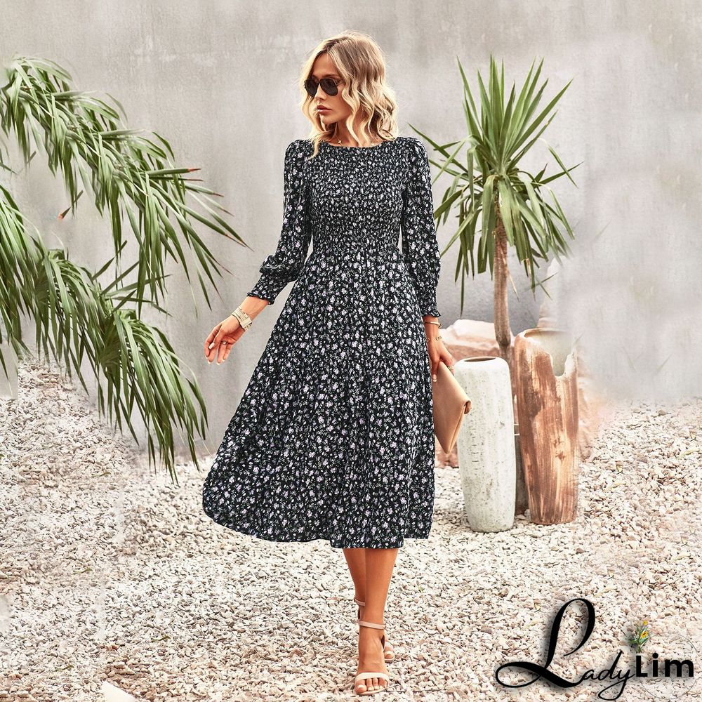 Spring Summer Chic Slim Waist Print Casual Holidays Women Dress