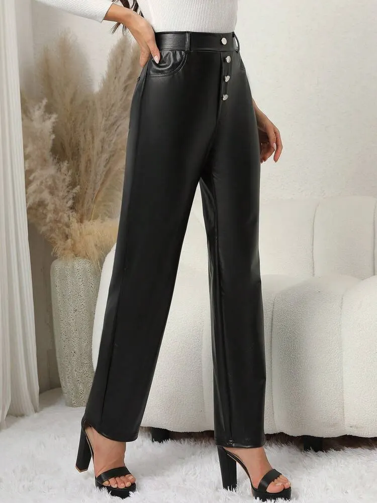 Women's Button Front Pu Straight-leg Pants