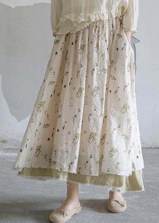 Brief White elastic waist drawstring Print Linen Skirts Spring CK705- Fabulory
