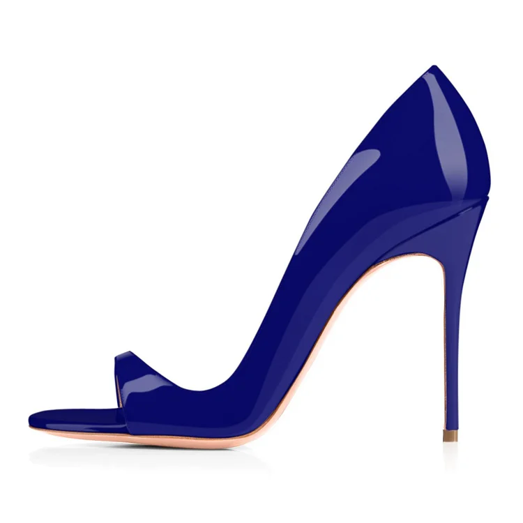 Indigo Blue Office Heels Patent Leather Open Toe D'orsay Pumps |FSJ Shoes