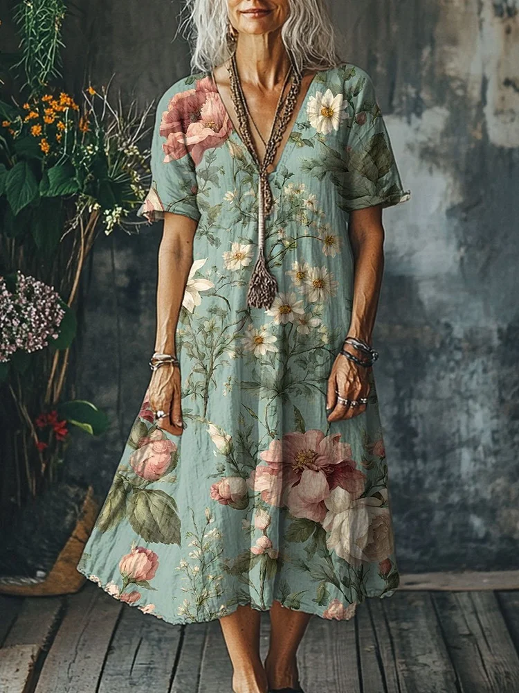 Women's Vintage Flower Art Print Pocket Cotton Dress