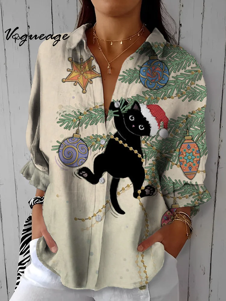 Christmas Tree Kitten Hand Painted Printed Cotton And Linen Shirt