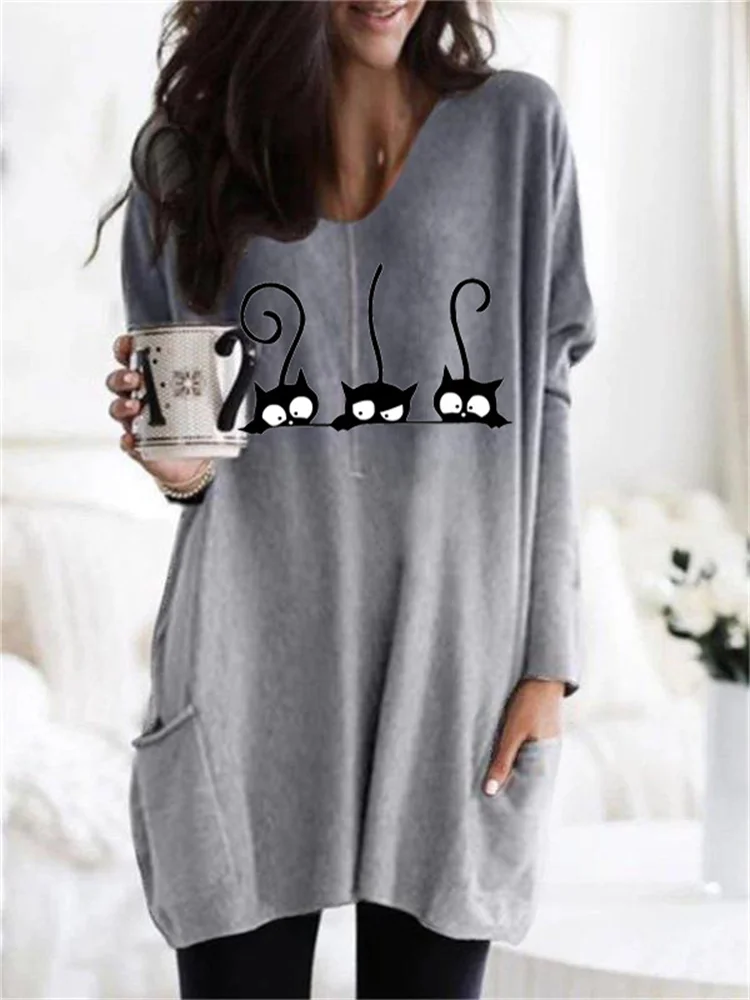 Black Cats Peeking Gradient Oversize T Shirt