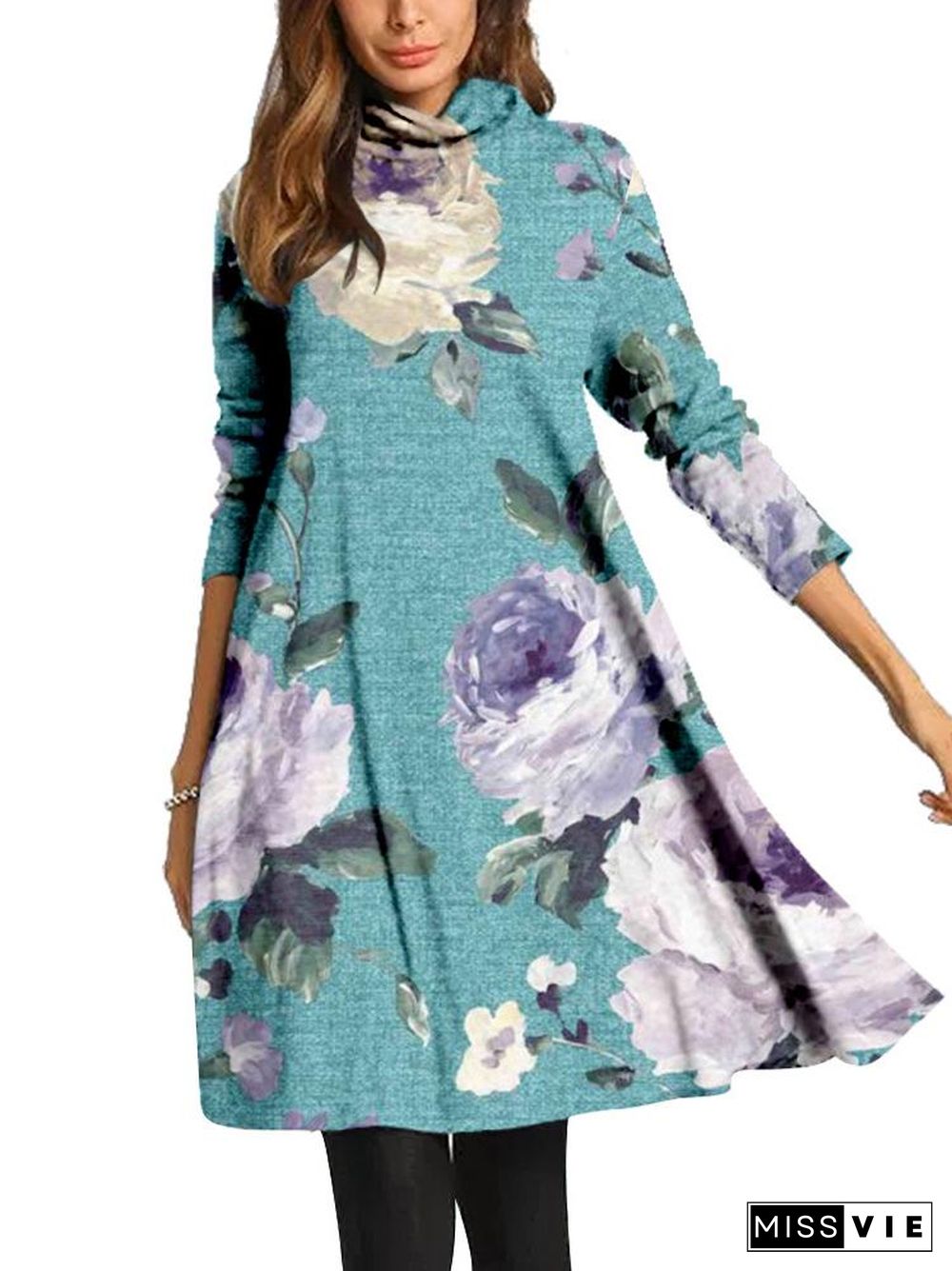 Women Long Sleeve Scoop Neck Printed Midi Dress