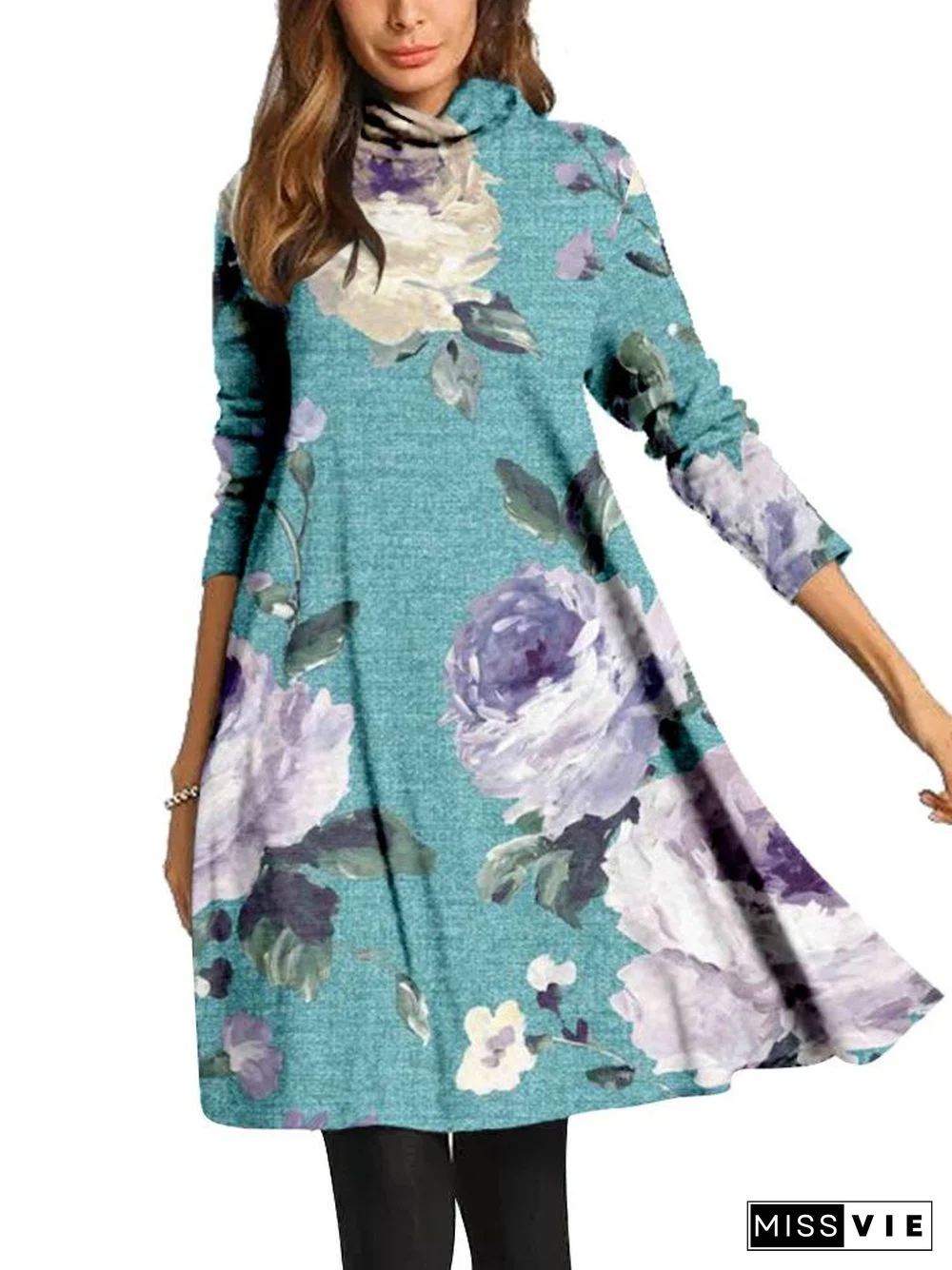 Women Long Sleeve Scoop Neck Printed Midi Dress
