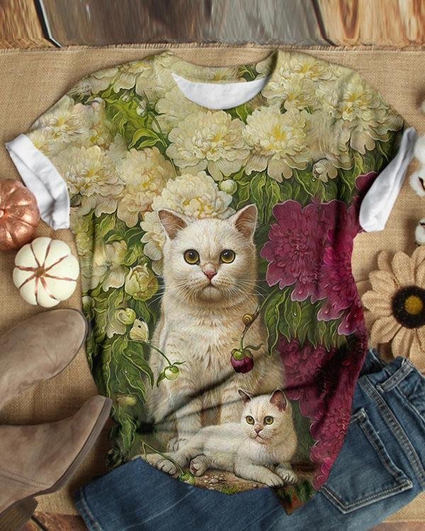 Cute Cat Animal Printed Short Sleeve T-shirt - Chicaggo