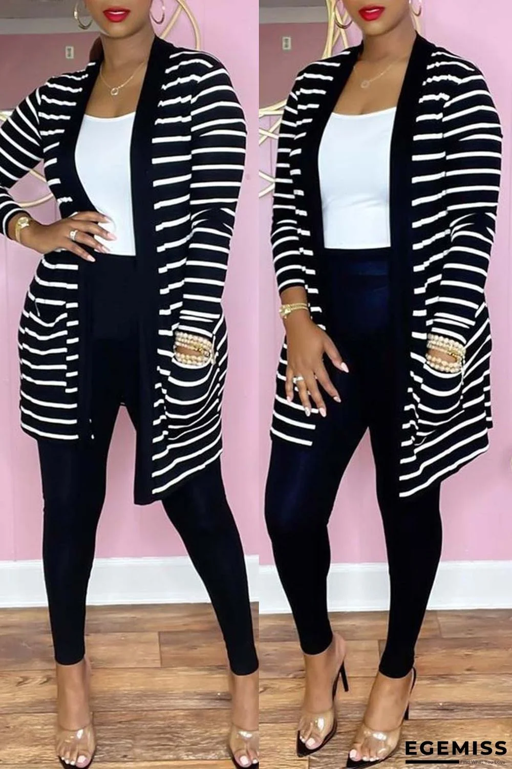 Black Fashion Casual Striped Print Cardigan Pants Long Sleeve Two Pieces | EGEMISS