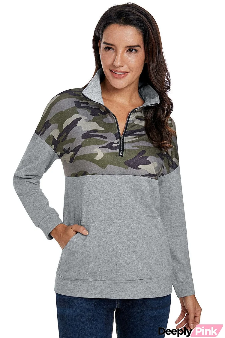 Camo Splice Gray Kangaroo Pocket Zip Collar Sweatshirts