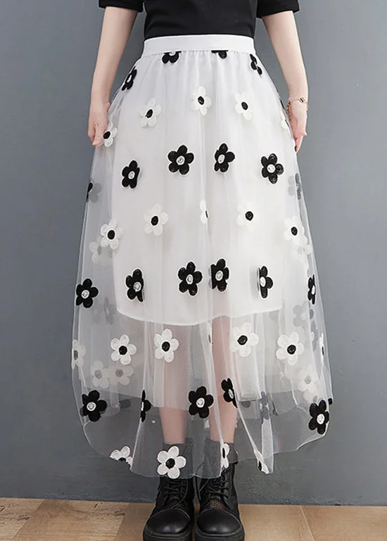 White Floral Embroidered Tulle Skirts High Waist Spring