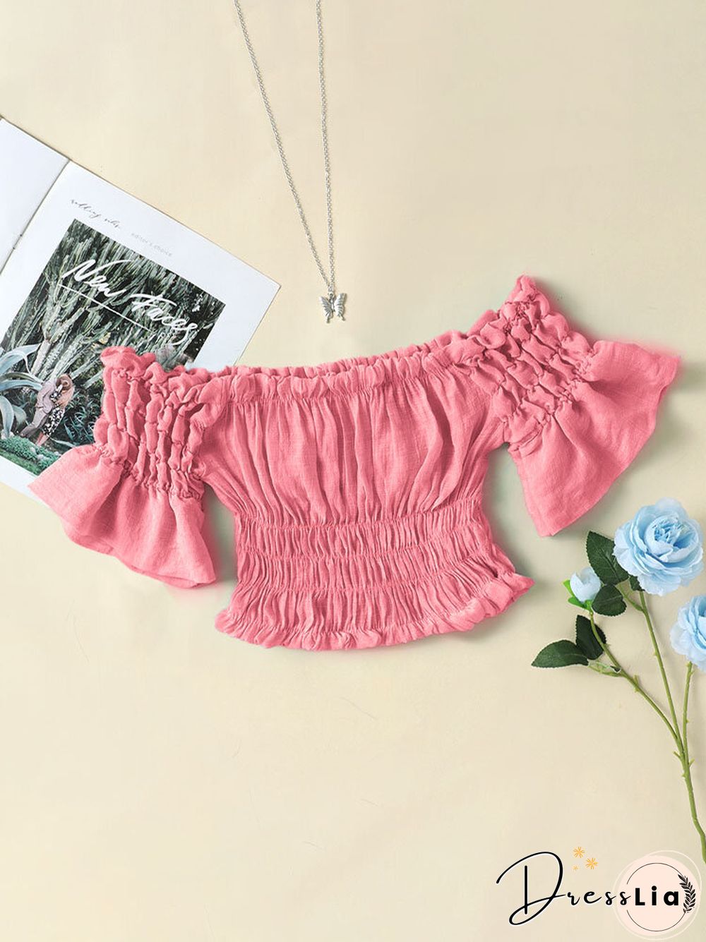 Solid Elastic Waist Bell Sleeve Off Shoulder Crop Top