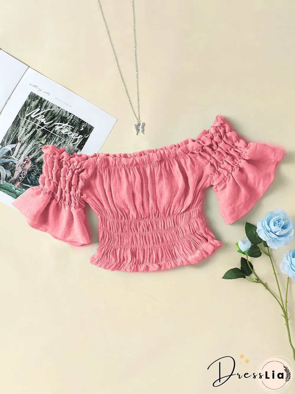 Solid Elastic Waist Bell Sleeve Off Shoulder Crop Top