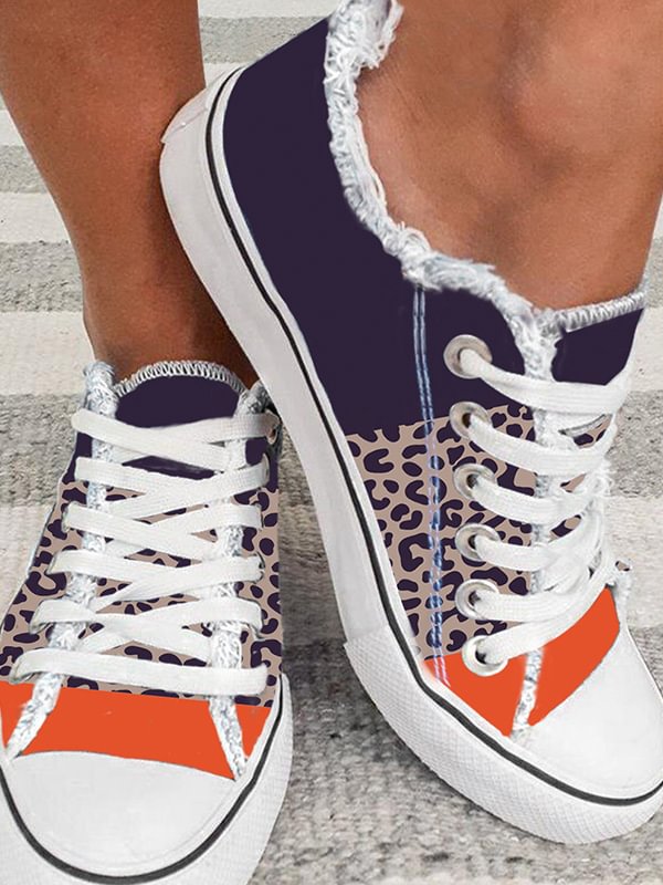 Leopard Color Block Lace Up Round Toe Sneakers