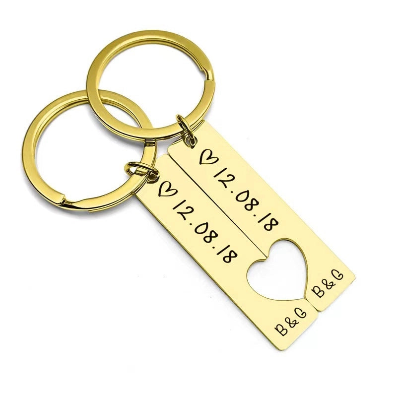 Hot Selling Stainless Steel Strip Heart-Matching Personality Simple Couple Keychain Engraved Date Factory In Stock
