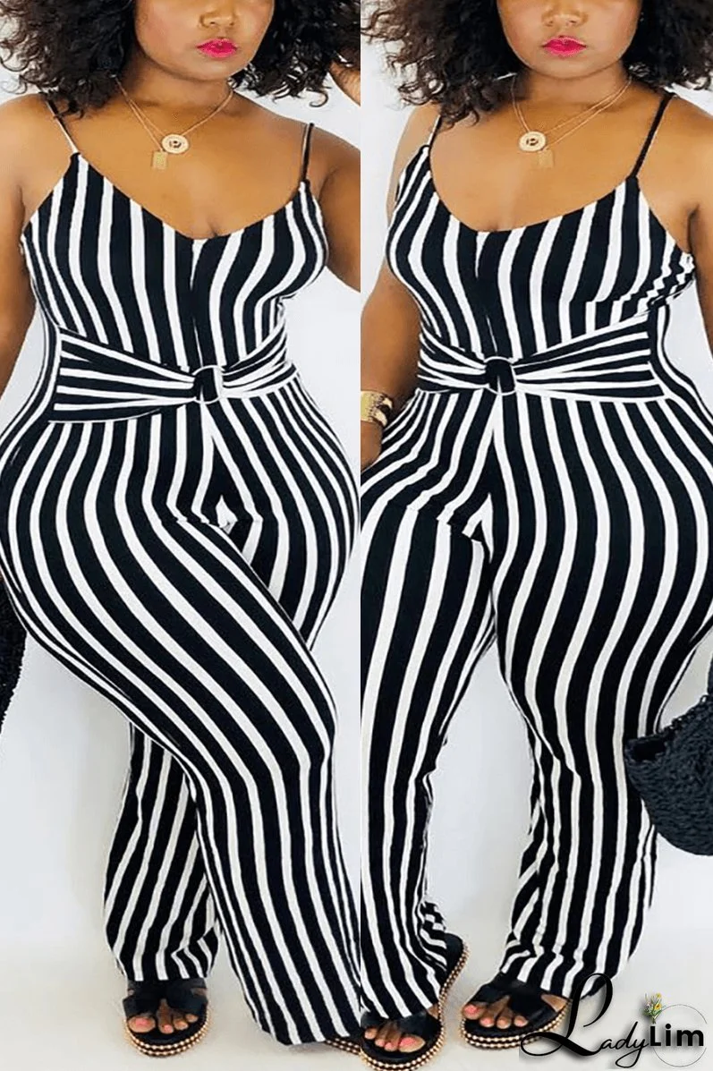 Fashion Sexy Spaghetti Strap Striped Plus Size Jumpsuit