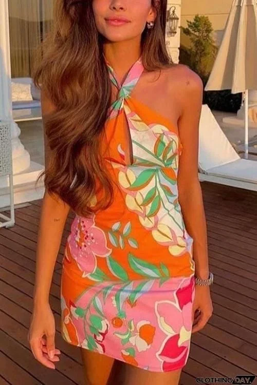 Print Halter Neck Backless Mini Dress