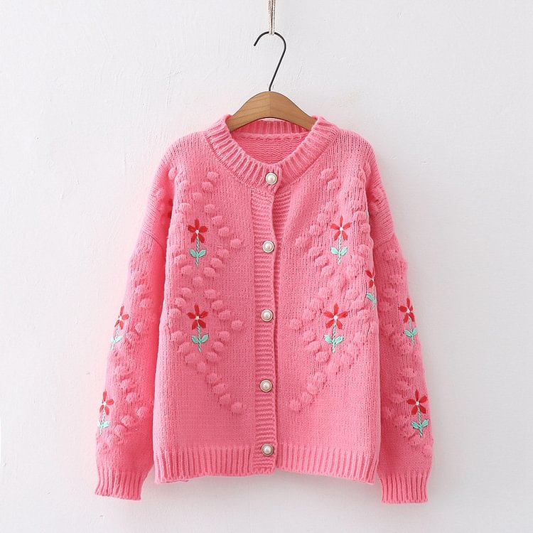 Blossom Embroidery Round Collar Knit Cardigan Sweater - Modakawa Modakawa