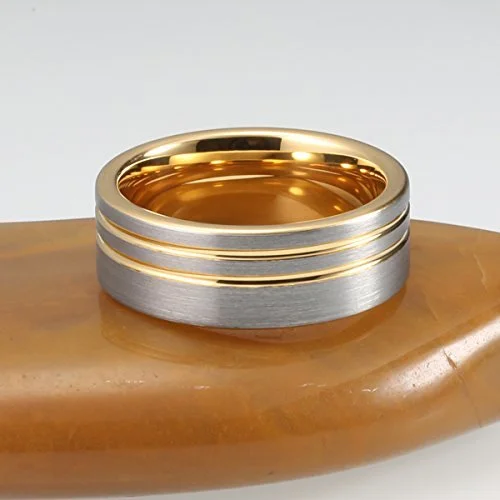 6MM 8MM Women's Or Men's Yellow Gold and Silver Tungsten Carbide Wedding Rings Double Offset Lines / Grooves,Pipe Cut Style And Comfort Fit