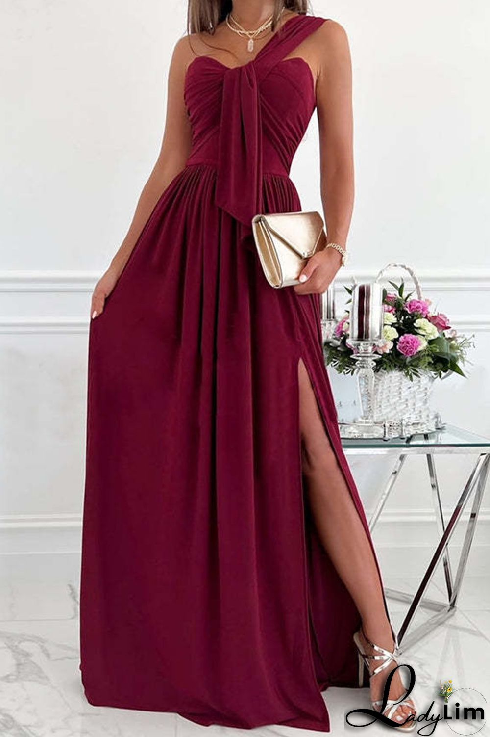 Green Fashion Sexy Solid Patchwork Backless Slit One Shoulder Evening Dress Dresses