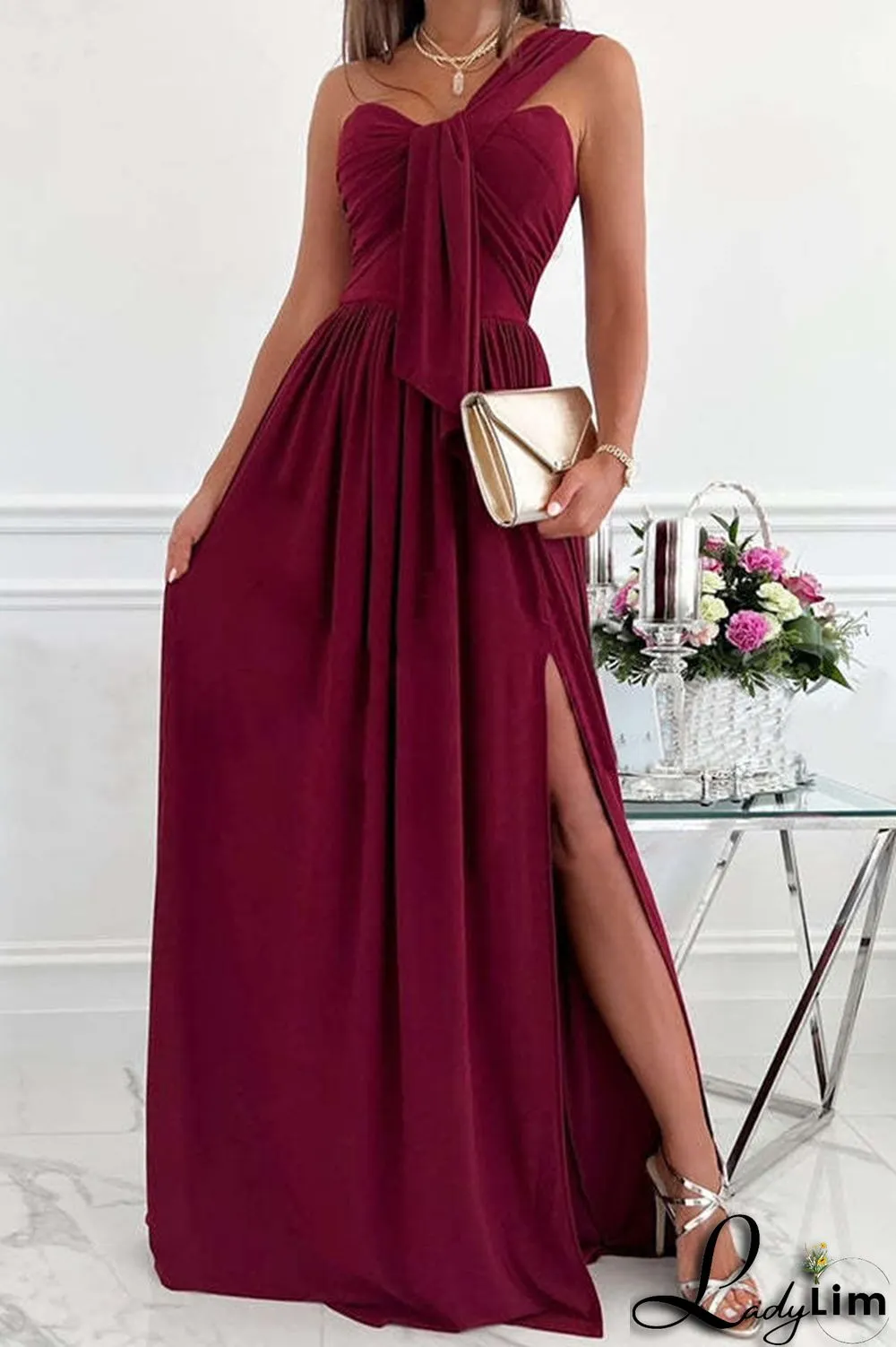 Green Fashion Sexy Solid Patchwork Backless Slit One Shoulder Evening Dress Dresses