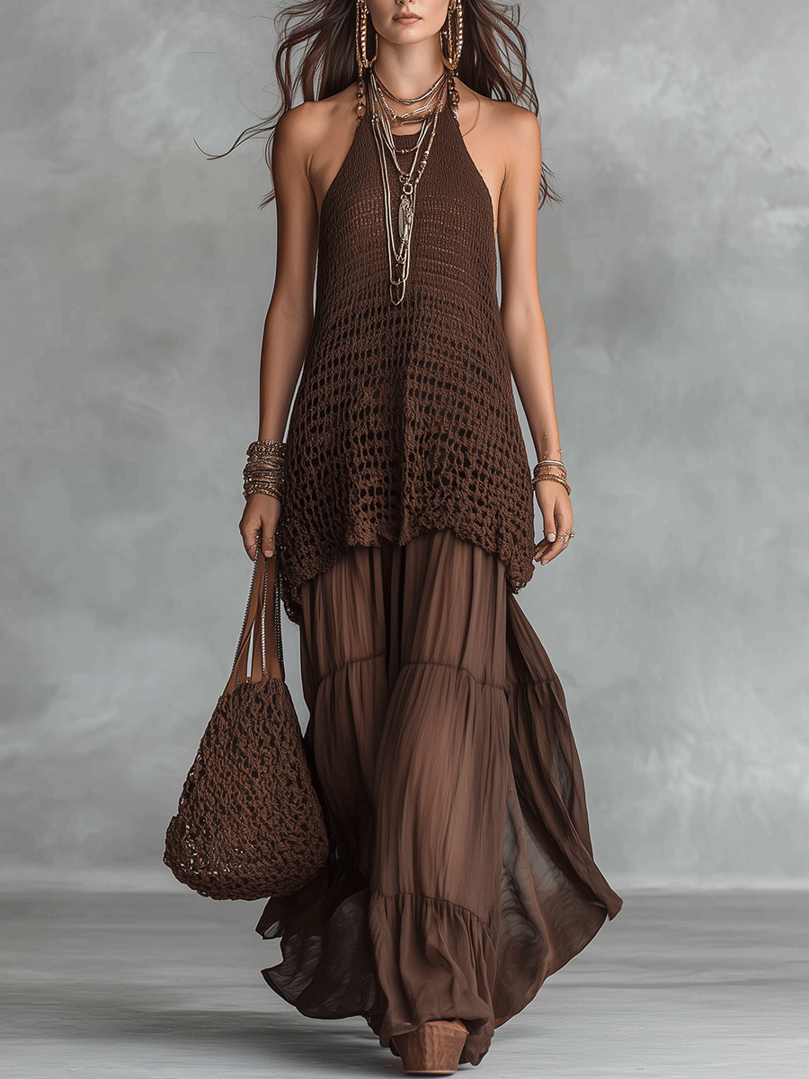 Bohemian crochet halter maxi dress - front view