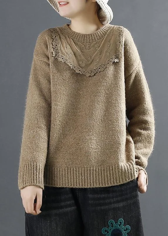 Women Coffee Top Patchwork Casual Sweaters