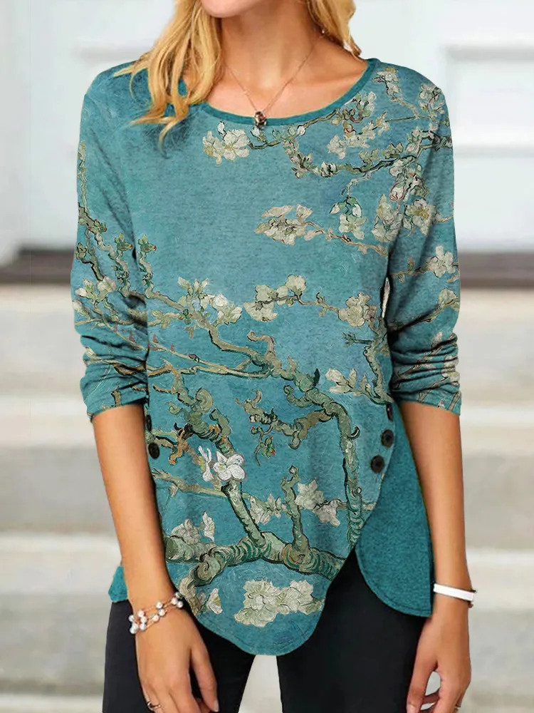 Almond Blossom Button Slit T Shirt