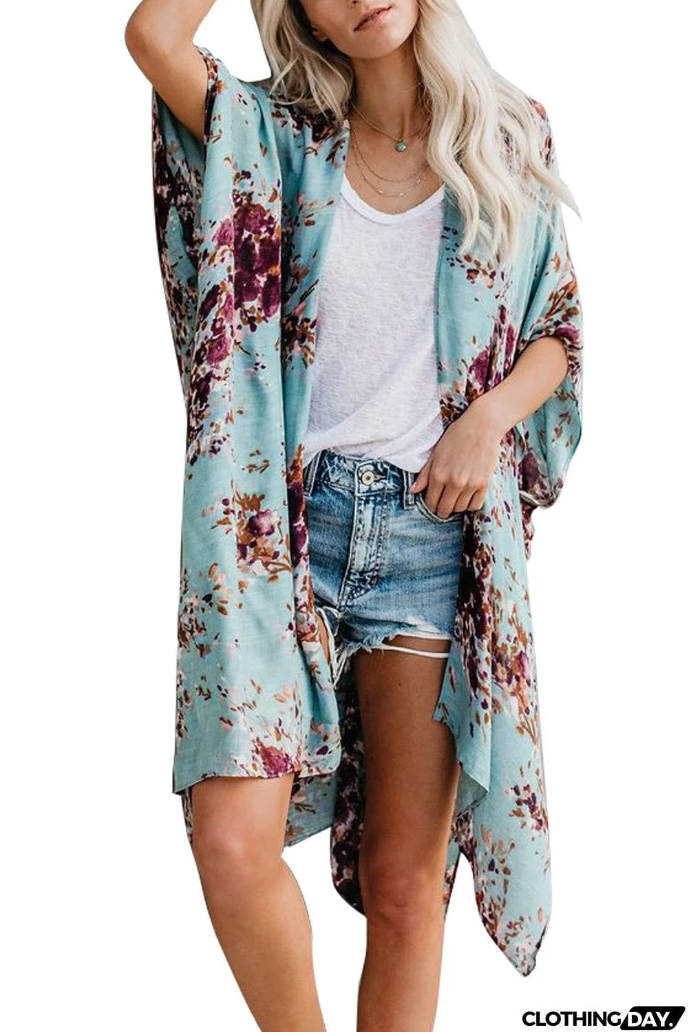 Floral Kimono Sleeves Chiffon Loose Beach Cover Up