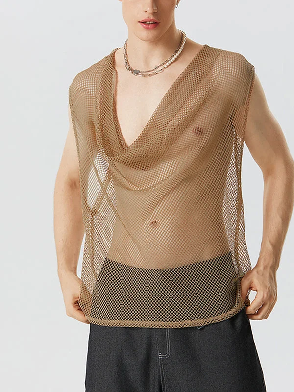 Aonga - Mens Cowl Neck Mesh See Through Vest