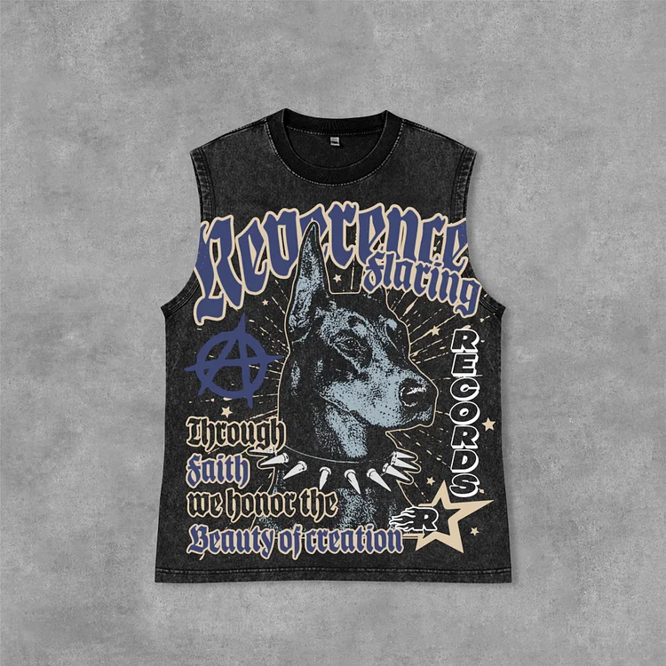 Doberman Retro Old Graphic Acid Washed Sleeveless Vest SOPULA