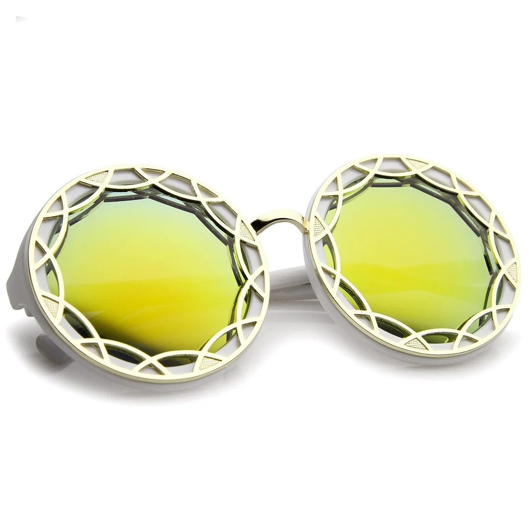 Women's Oversize Ornate Flat Pattern Color Mirror Lens Round glasses 55mm