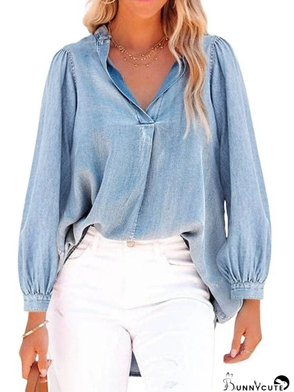 Women'S V-Neck Denim Top With Lantern Sleeves And Simple Pullover