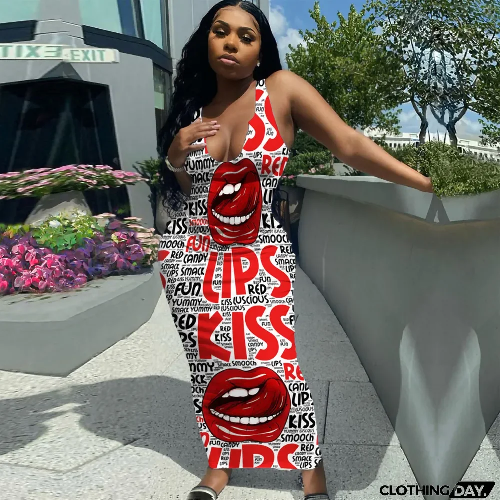 Women's Fashion Sexy Maxi Lips Positioning Print Dress