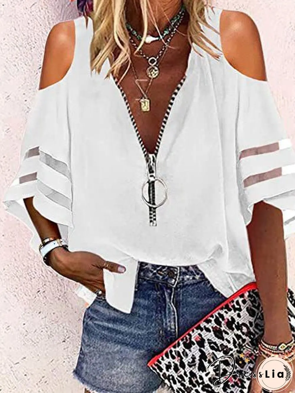 Women'S Blouses V-Neck Zip Flare Sleeves Mesh Panel Casual Blouse