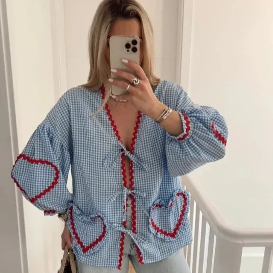 Brownm Brownm Women's Clothing New Fashion Loose Long-Sleeved Plaid Love With Shirt Women