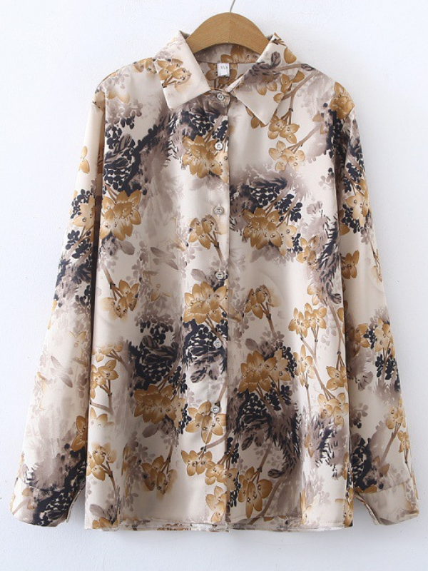 Women's Shirt Waterdrop Floral Pattern Long Sleeve Light Weight Chiffon Blouse Top
