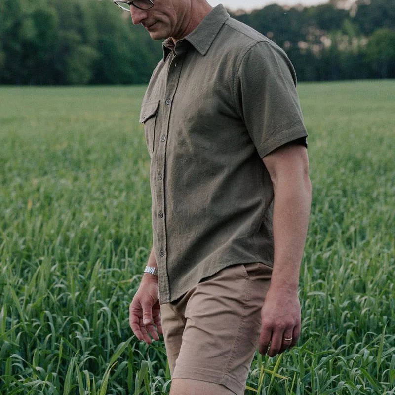 Summer Men's Shirt Pocket Flat Lapel Simple Shirt