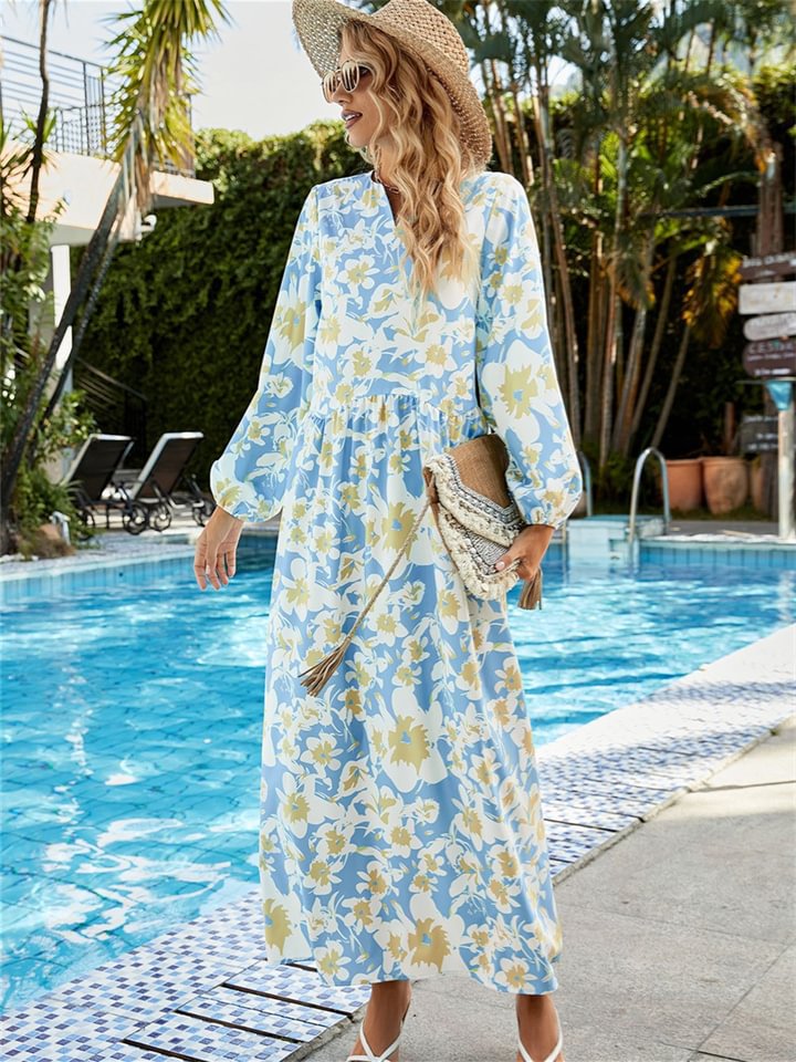 Floral Dress Vacation Wind Sun Protection Small V-neck Skirt Beach Beach Small Thin Bohemian Long Dress -vasmok