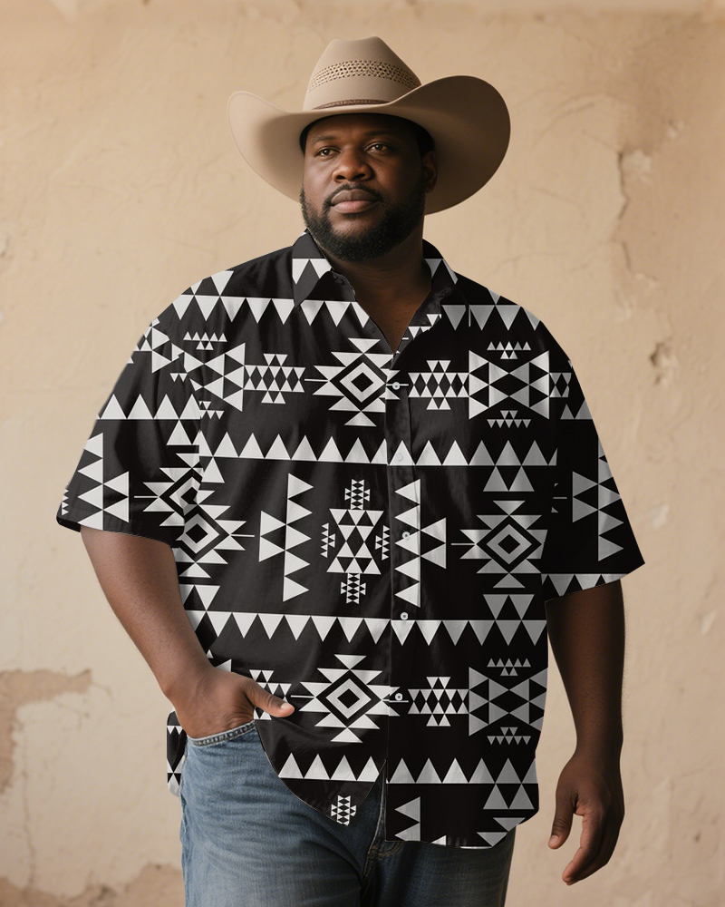 Men's Plus Size Western Style Black And White Aztec Print Short Sleeve Shirt
