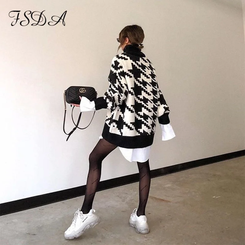 Long Sleeve Autumn Winter Oversized Sweater Dress Women Turtleneck Black Casual Knit Mini Houndstooth Sexy Party Dresses
