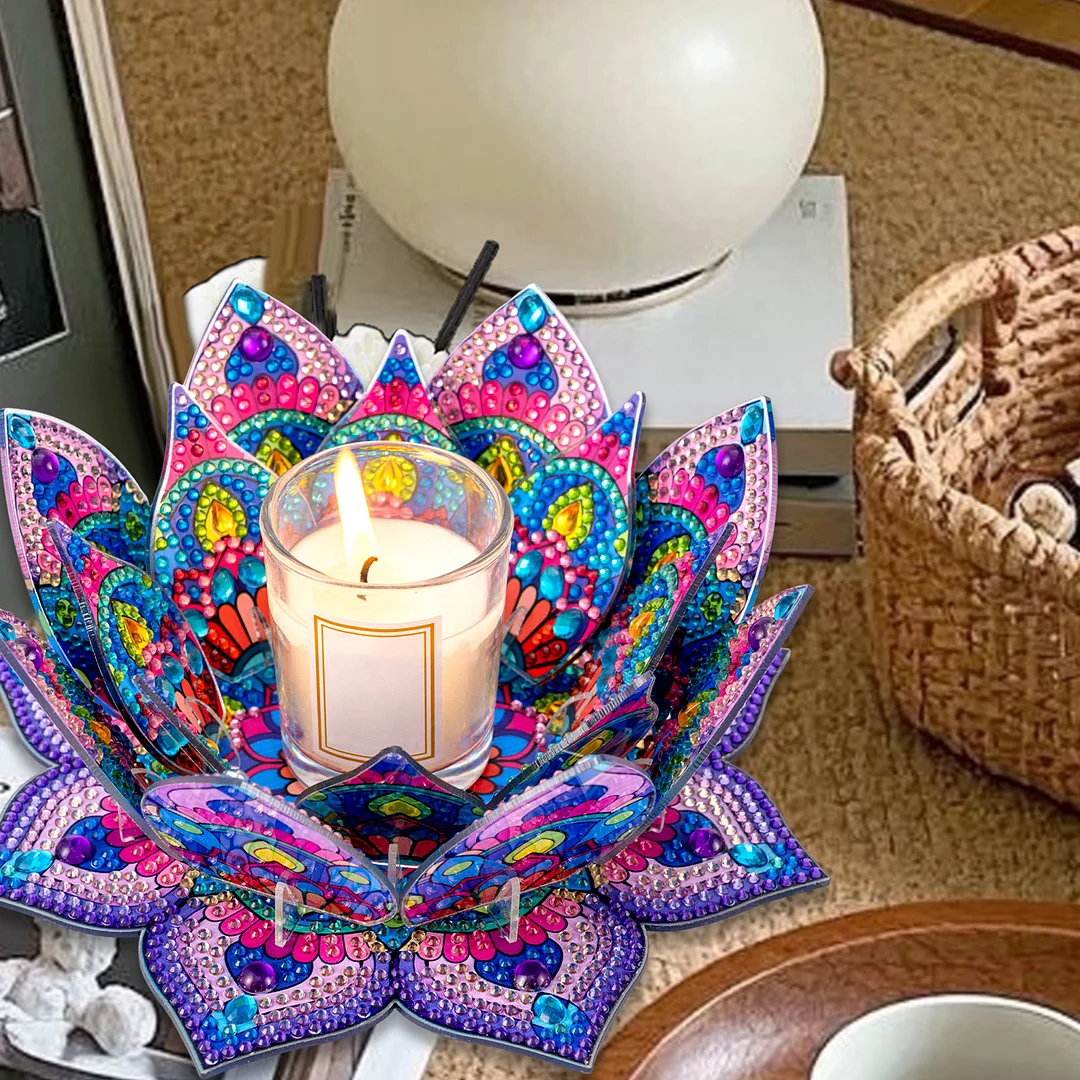 5D DIY Diamond Art Painting DIY Acrylic Desktop Ornament Flower Candle Holders Tealight Handmade Home Office Decor for Adults Beginners (Purple Lotus-A)