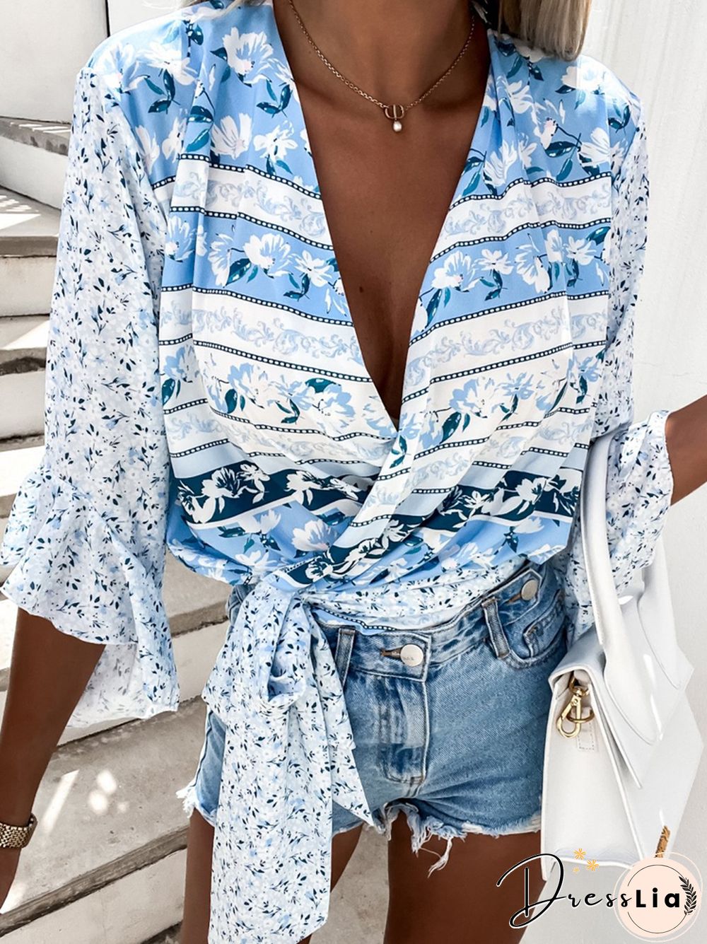 Women Summer Sexy V-Neck Tie Beach Shirt Sweet Floral Print All-match Commuter Top New Casual Ruffle Half Sleeve Street Blouses