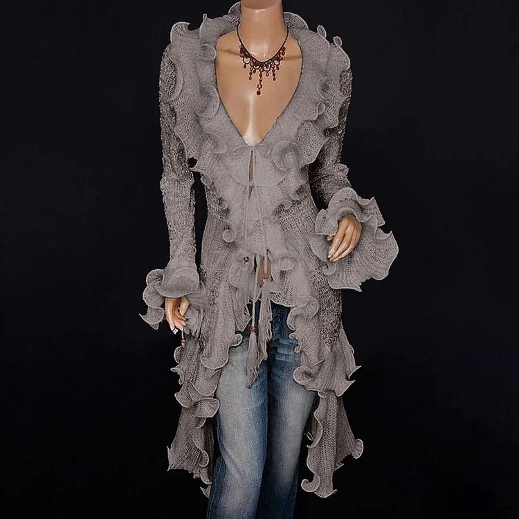 Fashion Ruffled Deep V Neck Long Sleeve Mid-Length Blouse