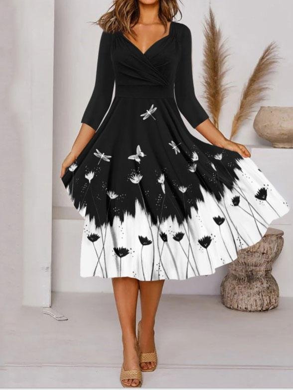 Women Long Sleeve V-neck Printed Midi Dress